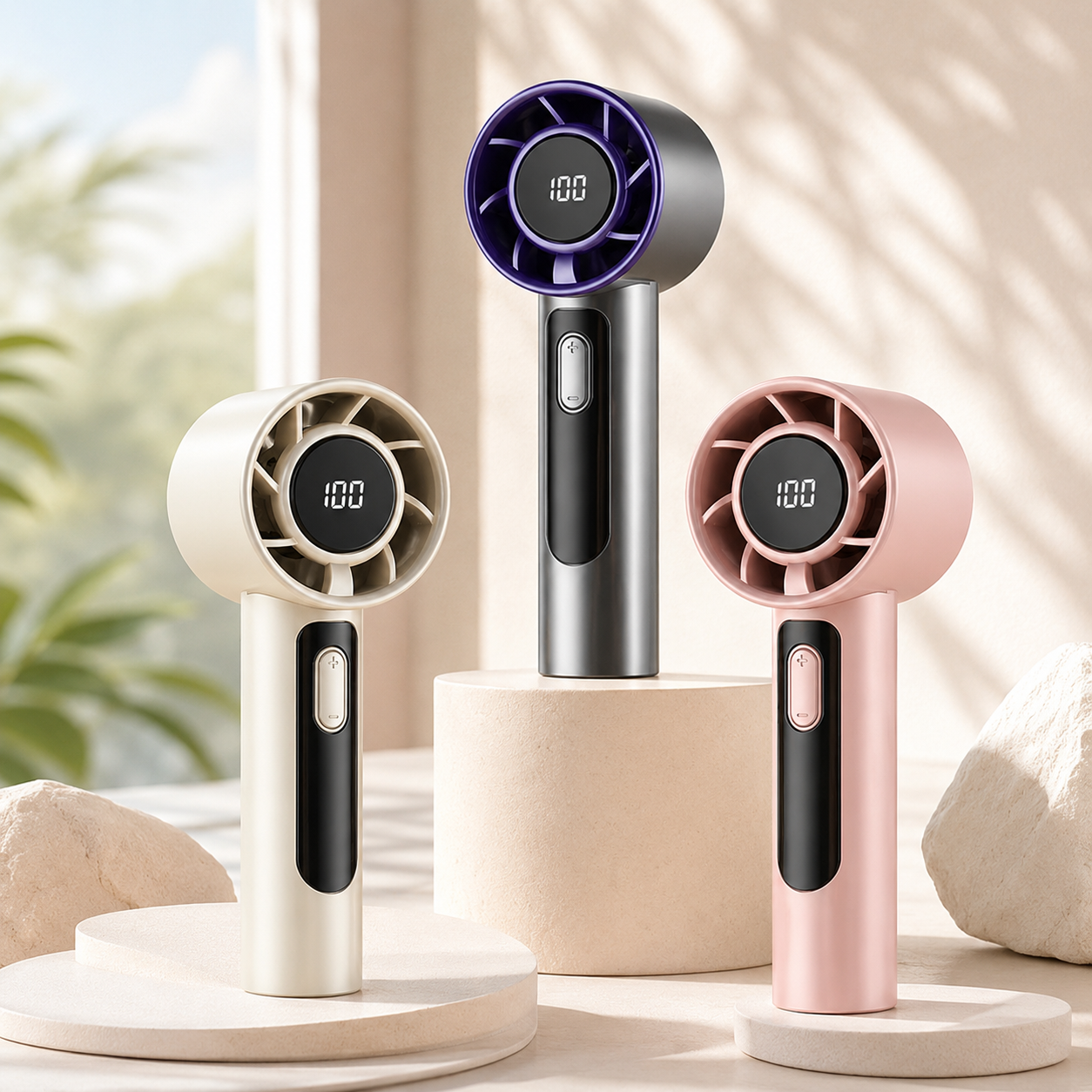 BreezFlow Mini handheld portable fans in beige, black and pink