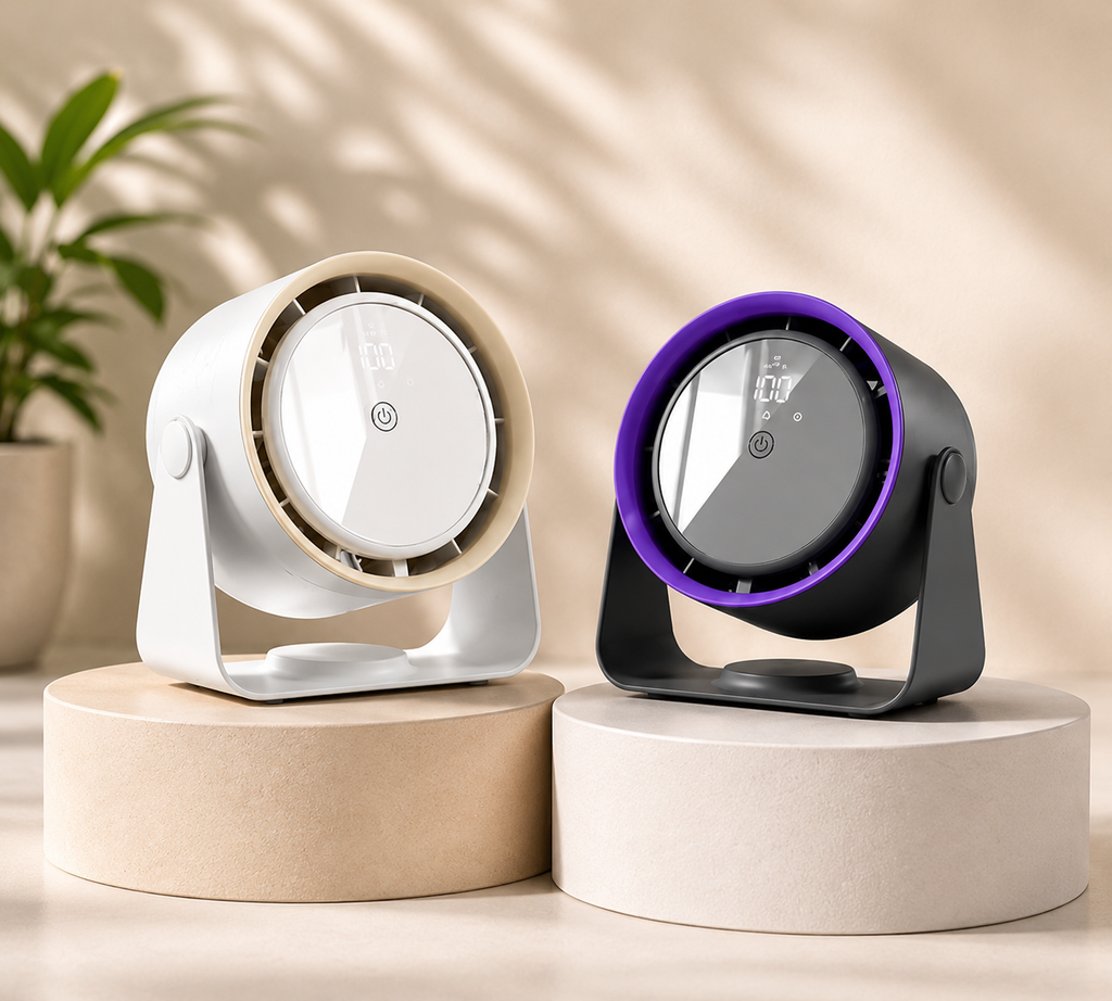 BreezFlow Desk Pro rechargeable desk fans in white and black