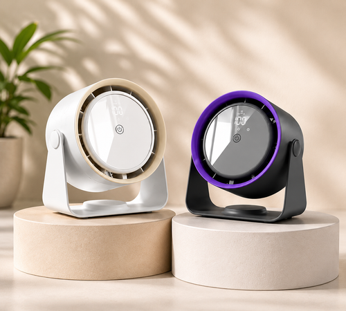 BreezFlow Desk Pro rechargeable desk fans in white and black
