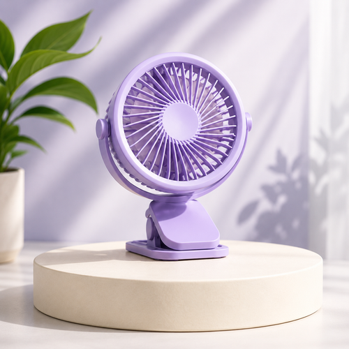 BreezFlow Clip purple portable clip fan on display stand