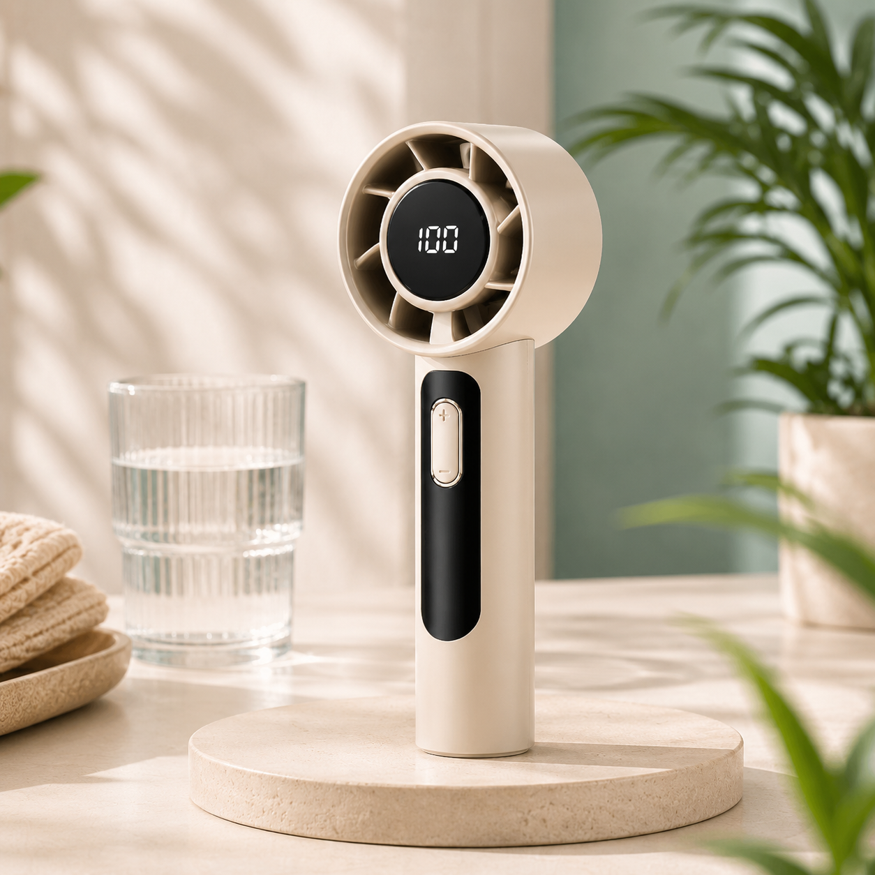 BreezFlow Mini beige handheld portable fan for everyday cooling
