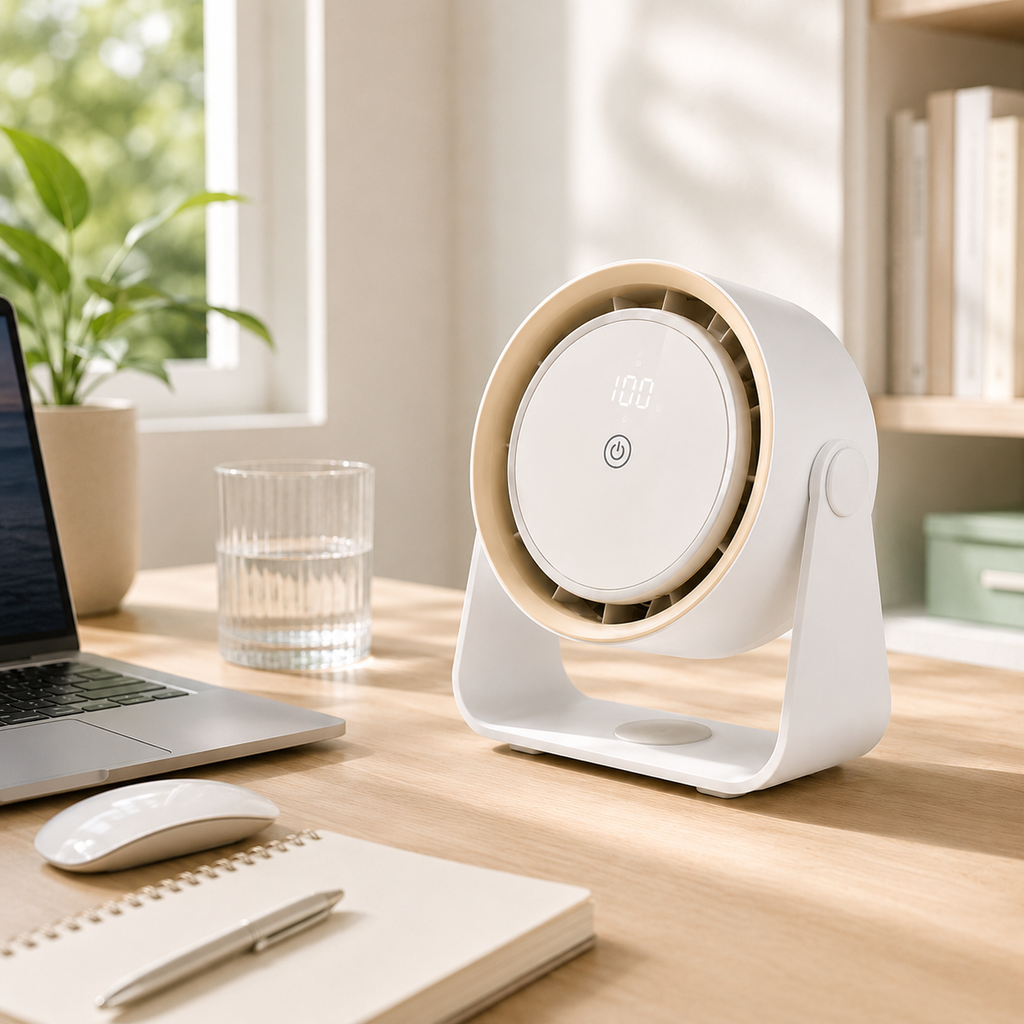 BreezFlow Desk Pro white rechargeable desk fan for work
