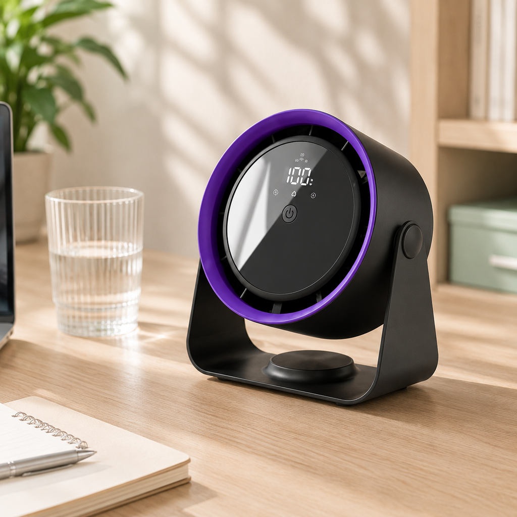 BreezFlow Desk Pro black rechargeable desk fan for home office