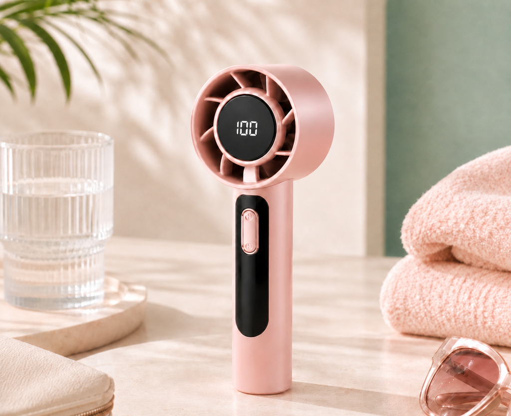 BreezFlow Mini pink handheld portable fan with summer accessories