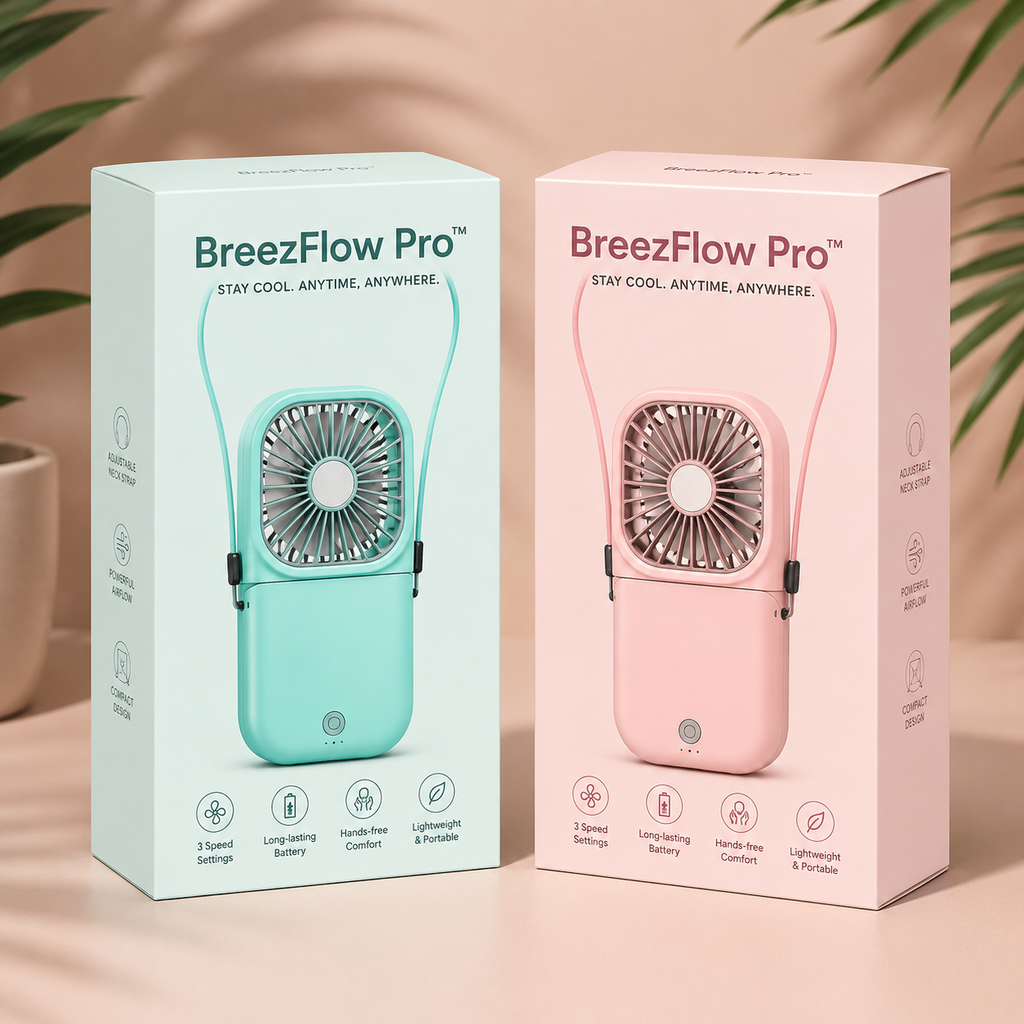 BreezFlow Pro portable neck fan packaging in turquoise and pink