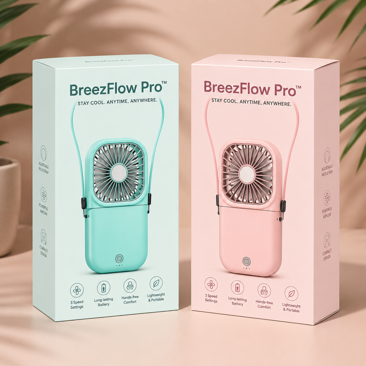 BreezFlow Pro portable neck fan packaging in turquoise and pink