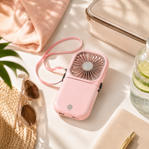 BreezFlow Pro pink hands-free portable fan with summer accessories