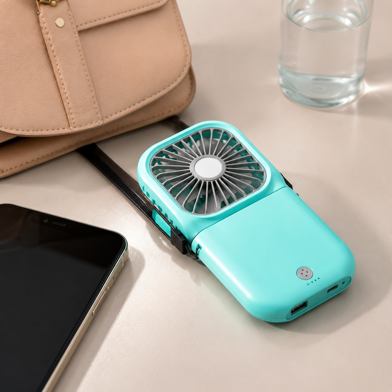 BreezFlow Pro turquoise hands-free portable neck fan with travel essentials